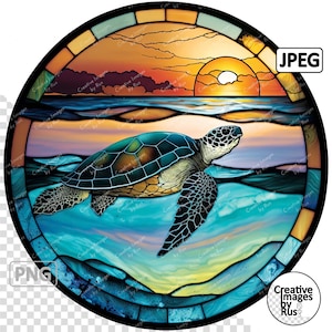 Imágenes prediseñadas de vidrieras de tortugas marinas, imagen redonda, descarga digital instantánea, PNG & JPEG JPG de alta calidad, sublimación, uso comercial