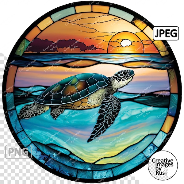 Sea Turtle Stained Glass Clipart, Round Image, Instant Digital Download, High Quality PNG & JPEG JPG, Sublimation,  Commercial Use