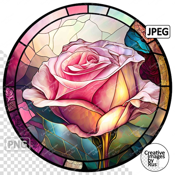 Rose Flower Stained Glass Clipart, Round Image, Instant Digital Download, PNG & JPEG JPG, Sublimation,  Commercial Use
