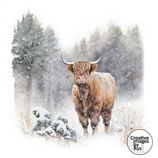 Highland Cow Clipart, Watercolour Winter Image, Instant Digital Download, High Quality JPEG JPG, Sublimation, Wall Art, Commercial Use