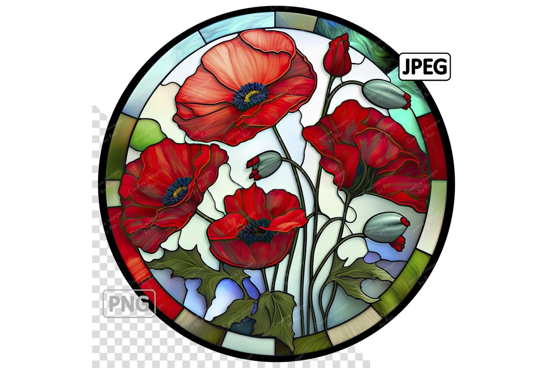 Poppies Flowers Stained Glass Clipart, Round Image, Instant Digital
