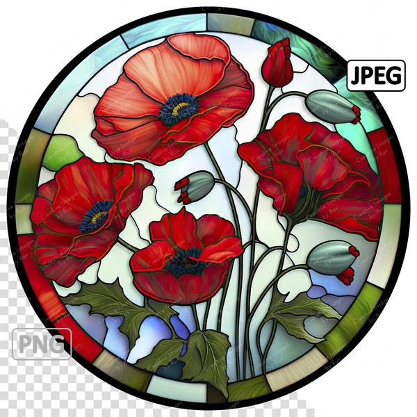 Poppies Flowers Stained Glass Clipart, Round Image, Instant Digital Download, Poppy PNG & JPEG JPG, Sublimation,  Commercial Use