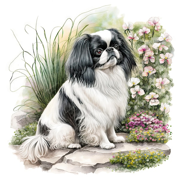 Japanese Chin Dog Clipart, Watercolour Garden Image, Instant Digital Download, High Quality JPEG JPG, Sublimation, Wall Art, Commercial Use