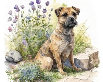 Border Terrier Dog Clipart, Watercolour Garden Image, Instant Digital Download, High Quality JPEG JPG, Sublimation, Wall Art, Commercial Use