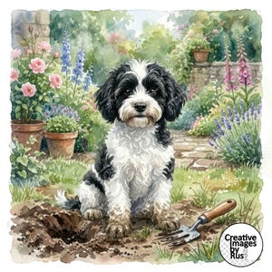 May include: Watercolor painting of a black and white dog sitting in a garden. The dog is in front of a hole in the dirt with a small gardening tool. The background features flowers, plants, and a stone pathway.