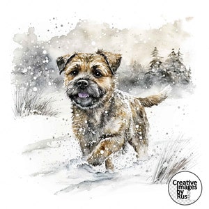 May include: A watercolor painting of a brown and tan Border Terrier running through the snow. The dog is looking at the viewer with a happy expression. The background is a snowy forest with trees and snow falling.
