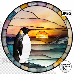 Pinguïn gebrandschilderd glas clipart, ronde afbeelding, instant digitale download, hoge kwaliteit png en jpeg jpg, sublimatie, commercieel gebruik
