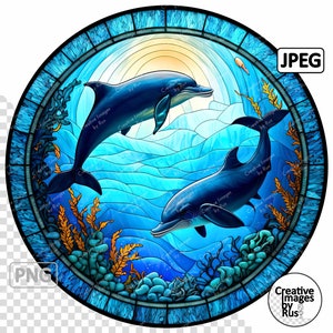 Delfine Glasmalerei Clipart, rundes Bild, sofortiger digitaler Download, hohe Qualität PNG und JPEG JPG, Sublimation, kommerzielle Nutzung