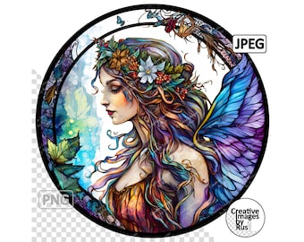 Mythical Fairy Stained Glass Clipart, Round Image, Instant Digital Download, High Quality PNG & JPEG JPG, Sublimation, Commercial Use