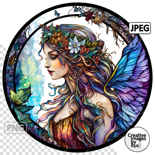 Mythical Fairy Stained Glass Clipart, Round Image, Instant Digital Download, High Quality PNG & JPEG JPG, Sublimation, Commercial Use