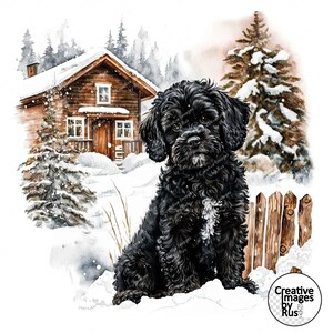 May include: Watercolor illustration of a black dog with a white chest, sitting in the snow. A wooden cabin and snow-covered trees are in the background. A rustic wooden fence is in the foreground.