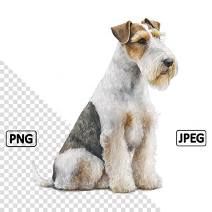May include: A white and brown wirehaired fox terrier dog sitting with its head turned to the right. The dog has a white body with brown patches on its back and legs.