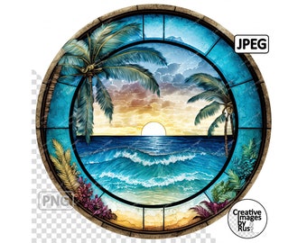 Tropical Beach Stained Glass Clipart, Round Image, Instant Digital Download, High Quality PNG & JPEG JPG, Sublimation, Commercial Use