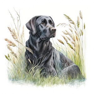 Labrador negro en cañas perro clipart, hermosa imagen de acuarela, descarga digital instantánea, HQ JPEG JPG, sublimación, arte de pared, uso comercial