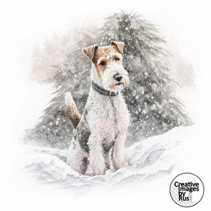 Clipart chien Fox Terrier métallique, image hivernale aquarelle, téléchargement numérique instantané, haute qualité JPEG JPG, sublimation, art mural, usage commercial