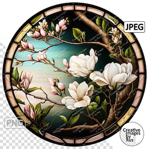 Clipart vitrail Magnolia arbre, image ronde, téléchargement numérique instantané, coquelicot PNG & JPEG JPG, sublimation, usage Commercial, fleurs
