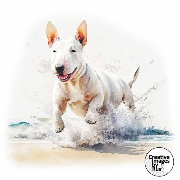 Bull Terrier Dog Beach Clipart, Image aquarelle, Téléchargement numérique instantané, Haute qualité JPEG JPG, Sublimation, Wall Art, Utilisation commerciale