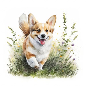 Corgi bloemen hond clipart, mooie aquarel afbeelding, instant digitale download, hoge kwaliteit JPEG JPG, sublimatie, kunst aan de muur, commercieel gebruik