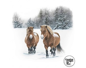 Shetland Ponies Clipart, Watercolour Winter Image, Instant Digital Download, High Quality JPEG JPG, Sublimation, Wall Art, Commercial Use