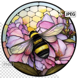 May include: A stained glass style illustration of a bee on a pink flower with a honeycomb background.