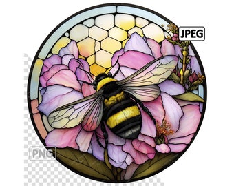 Bumblebee Stained Glass Clipart, Round Image, Instant Digital Download, Bee PNG & JPEG JPG, Sublimation,  Commercial Use