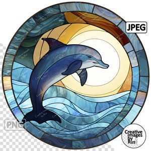 Delphin Glasmalerei, rundes Bild, sofortiger digitaler Download, hochwertige PNG- und JPEG-JPG-Dateien, Sublimation, kommerzielle Nutzung