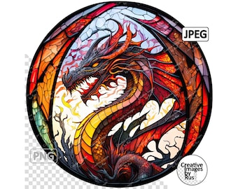 Mythical Dragon Stained Glass Clipart, Round Image, Instant Digital Download, PNG & JPEG JPG, Sublimation,  Commercial Use