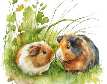 Guinea Pigs On Grass Clipart, Watercolour Image, Instant Digital Download, High Quality JPEG JPG, Sublimation, Wall Art, Commercial Use