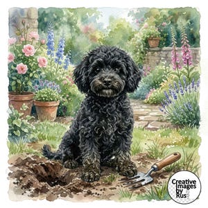 Cavapoo Digging Clipart, Watercolour Image, Instant Digital Download, HQ JPEG JPG, Sublimation, Wall Art, Commercial Use Tri black