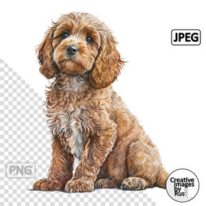 コッカプーの赤い犬の素敵な水彩画画像、デジタルダウンロード、高品質のPNGおよびJPEGファイル、クリップアート、昇華プリント、ウォールアート