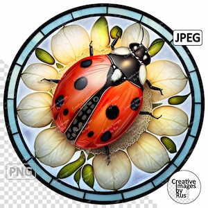 May include: A stained glass circle featuring a red and black ladybug on a white flower with green leaves. The circle has a blue border with black lines.