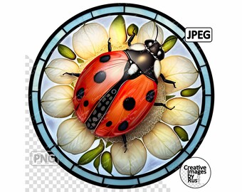 Ladybird Ladybug Stained Glass Clipart, Round Image, Instant Digital Download, High Quality PNG & JPEG JPG, Sublimation,  Commercial Use