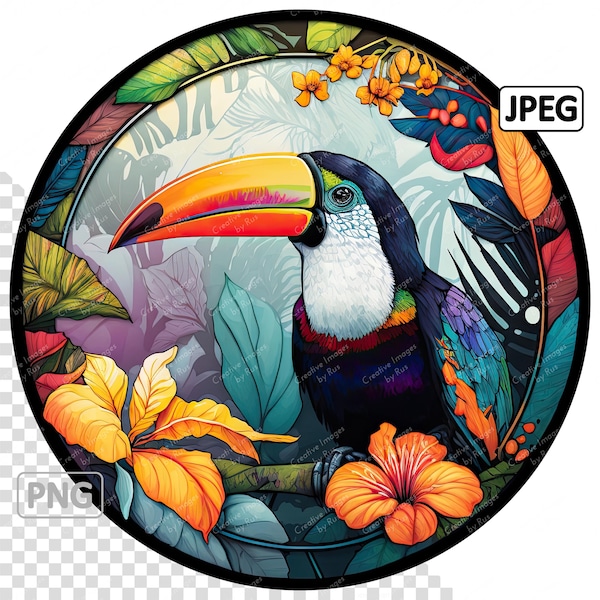 Toucan Bird Stained Glass Clipart, Round Image, Instant Digital Download, High Quality PNG & JPEG JPG, Sublimation,  Commercial Use