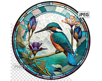 Kingfisher Stained Glass Clipart, Round Image, Instant Digital Download,  High Quality PNG & JPEG JPG, Sublimation,  Commercial Use