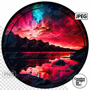 May include: A digital art print of a mountain range with a red, pink, and blue sky reflected in a still lake. The sky is filled with clouds and the mountains are silhouetted against the sunset.
