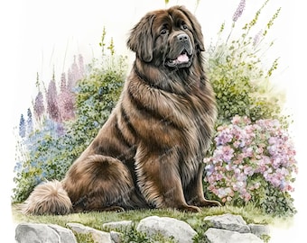 Newfoundland Dog Clipart, Watercolour Garden Image, Instant Digital Download, HQ 300dpi JPEG JPG, Sublimation, Wall Art, Commercial Use