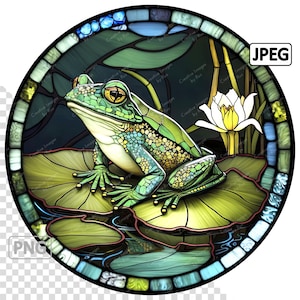 Puede incluir: Una representación en vitral de una rana verde sentada en una hoja de nenúfar con un nenúfar blanco en el fondo.