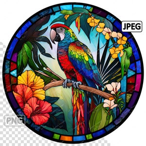 May include: A colorful stained glass design featuring a parrot perched on a branch with tropical flowers and leaves. The parrot is red, blue, green, and yellow. The flowers are yellow, red, and orange. The leaves are green.