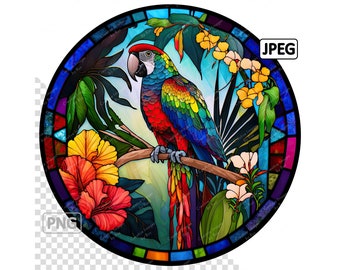 Macaw Parrot Stained Glass Clipart 300dpi, Round Image, Instant Digital Download, High Quality PNG & JPEG JPG, Sublimation, Commercial Use
