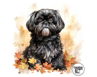 Shih Tzu Black Dog Clipart, Watercolour Autumn Image, Instant Digital Download, JPEG JPG, Sublimation, Wall Art, Commercial Use, Leaves