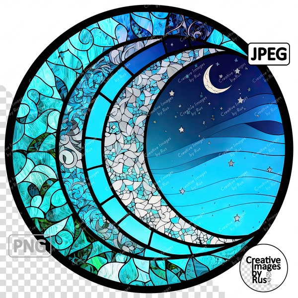 Crescent Moon Stained Glass Clipart, Round Image, Instant Digital Download, High Quality PNG & JPEG JPG, Sublimation, Commercial Use