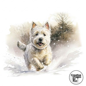Clipart per cani West Highland White Terrier, Immagine invernale ad acquerello, Download digitale istantaneo, JPEG JPG, Sublimazione, Arte della parete, Uso commerciale
