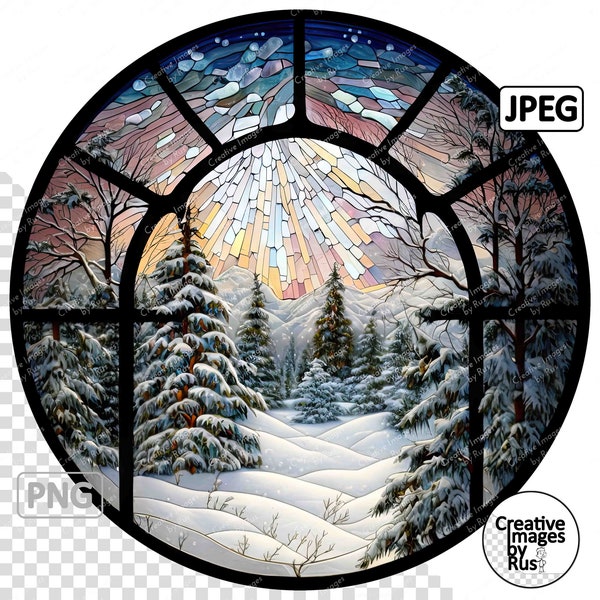 Winter Scene Stained Glass Clipart, Round Image, Instant Digital Download, High Quality PNG & JPEG JPG, Sublimation,Commercial Use Christmas