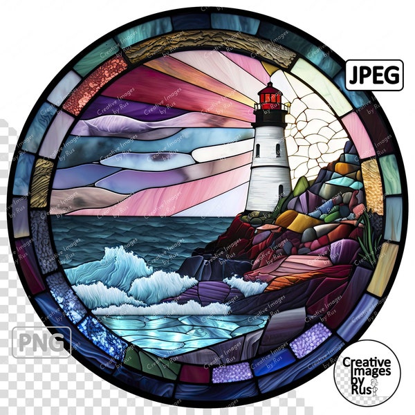 Lighthouse Stained Glass Clipart, Round Image, Instant Digital Download, High Quality PNG & JPEG JPG, Sublimation,  Commercial Use
