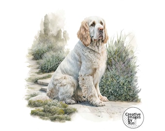 Clumber Spaniel Dog Clipart, Watercolour Image, Instant Digital Download, High Quality JPEG JPG, Sublimation, Wall Art, Commercial Use