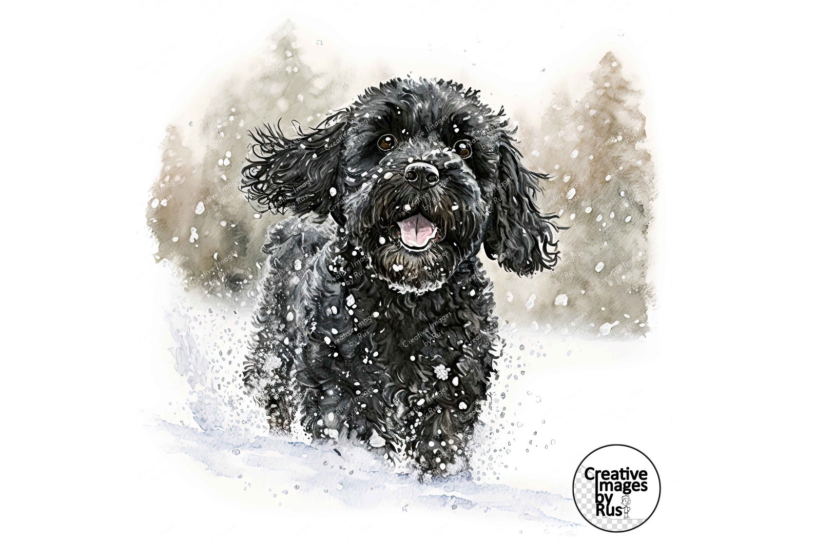 Cockapoo Black Dog Clipart, Watercolour Winter Image, Instant Digital ...