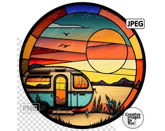 Caravan Stained Glass Clipart, Round Image, Instant Digital Download, High Quality PNG & JPEG JPG, Sublimation, Commercial Use Sunshine