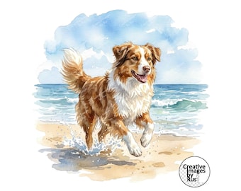 Australian Shepherd Dog Beach Clipart, Watercolour Dog Image, Instant Digital Download, High Quality JPEG JPG, Wall Art, Commercial Use Red