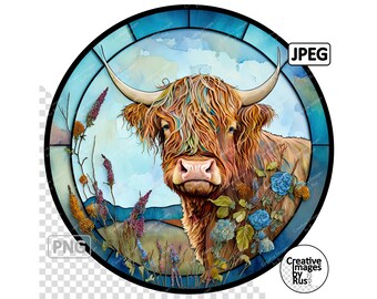 Highland Cow Stained Glass Clipart, Round Image, Instant Digital Download, High Quality PNG & JPEG JPG, Sublimation,  Commercial Use