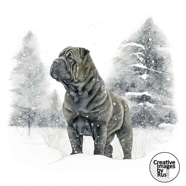 Shar Pei Dog Clipart, Watercolour Winter Image, Instant Digital Download, High Quality JPEG JPG, Sublimation, Wall Art, Commercial Use